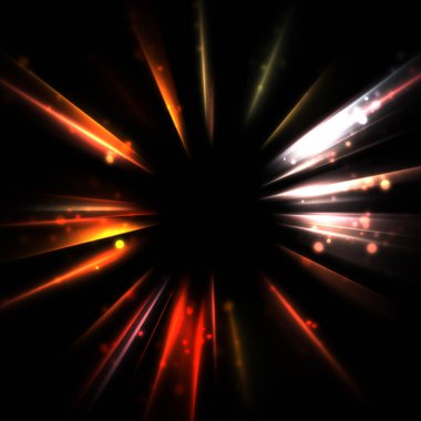 Işık huzmeleri ve parlayan parçacıkların kesiştiği güzel bir zemin. Canlı renkli ışıkların duvar kâğıdı. Parlak ışık görüntüsü.