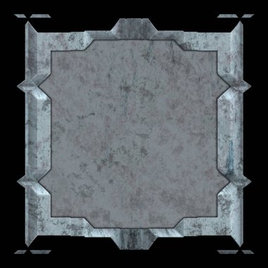 Gelecekçi tasarım şablonu. Metal paslı tabak menüsü. Teknoloji afişi beyaz arkaplanda izole edildi. Bilim kurgu elemanı grafiği. Metalik paslanmış 3 boyutlu illüstrasyon.  