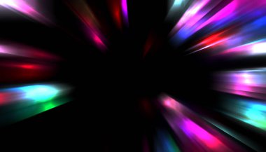 Siyah arkaplanda izole edilmiş dinamik ışık ışınları. Parlayan renkli ışık parçacıklarının grafiksel 2d çizimi.