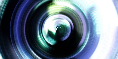 Fotoğraf makinesi konsepti. Soyut arkaplan. Dönen ışık ışınları. Hareketli kavramsal duvar kağıdı. Grafik dijital illüstrasyon. Parlayan neon ışıkları. Parlak sunum tasarım şablonu.