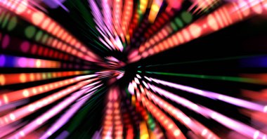 Siyah arkaplanda dönen ışık gösterisi. Lüks çizgiler. Parlak kıvrımlı duvar kağıdı. Uzay tüneli. Dönen ışık çemberi ya da maytap izi. Parlak konsept çizimi.