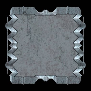 Gelecekçi tasarım şablonu. Metal paslı tabak menüsü. Teknoloji afişi beyaz arkaplanda izole edildi. Bilim kurgu elemanı grafiği. Metalik paslanmış 3 boyutlu illüstrasyon.  