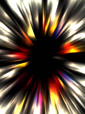 Siyah arkaplanda izole edilmiş dinamik ışık ışınları. Parlayan renkli ışık parçacıklarının grafiksel 2d çizimi.