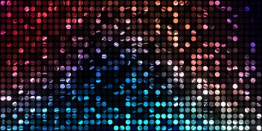 Parlayan ışıklar siyah arka planda parti izleri. Sahne veya stadyum ışıklarının dijital illüstrasyonu. Parlak desenli duvar kağıdı. Sahne ışıkları ile renkli ışıkların ihtişamlı arkaplanı.