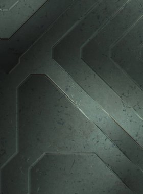 Çukur SciFi panelleri duvar. Üç boyutlu illüstrasyon. Gelecekçi kavramsal tasarım arka planı. Uzay gemisi desenli duvar kağıdı. Fırçalanmış teknoloji desen yüzeyi. 