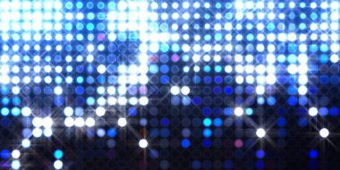 Parlak desenli duvar kağıdı. Sahne ışıkları olan renkli ışıkların ihtişamlı arkaplanı. Parlayan ışıklar siyah arka planda parti izleri. Sahne veya stadyum ışıklarının dijital illüstrasyonu. 