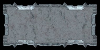 Gelecekçi tasarım şablonu. Metal paslı tabak menüsü. Teknoloji afişi beyaz arkaplanda izole edildi. Bilim kurgu elemanı grafiği. Metalik paslanmış 3 boyutlu illüstrasyon.  