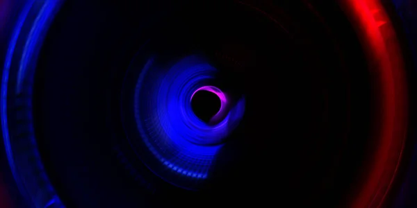 写真カメラのコンセプト 概要背景 光の回転光線 映画の概念的な壁紙 グラフィックデジタルイラスト ネオンの回転灯が光る 光沢のあるプレゼンテーションデザインテンプレート — ストック写真