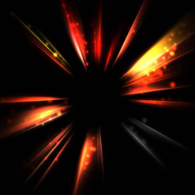 Işık huzmeleri ve parlayan parçacıkların kesiştiği güzel bir zemin. Canlı renkli ışıkların duvar kâğıdı. Parlak ışık görüntüsü.