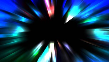 Siyah arkaplanda izole edilmiş dinamik ışık ışınları. Parlayan renkli ışık parçacıklarının grafiksel 2d çizimi.