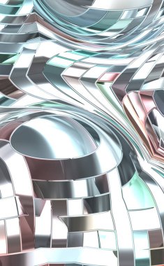 Metalik panel dokusunun 3 boyutlu çizimi. Renkli, parlak, soyut duvar kağıdı. Geometrik teknolojik parlak yansıtıcı arka plan. Yaratıcı parlak kavramsal arkaplan.
