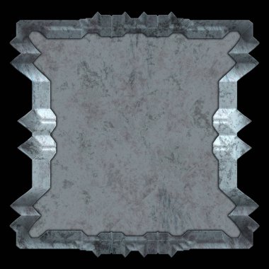 Gelecekçi tasarım şablonu. Metal paslı tabak menüsü. Teknoloji afişi beyaz arkaplanda izole edildi. Bilim kurgu elemanı grafiği. Metalik paslanmış 3 boyutlu illüstrasyon.  