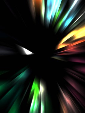 Siyah arkaplanda izole edilmiş dinamik ışık ışınları. Parlayan renkli ışık parçacıklarının grafiksel 2d çizimi.