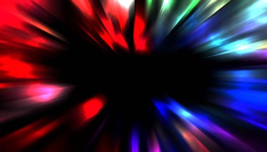 Siyah arkaplanda izole edilmiş dinamik ışık ışınları. Parlayan renkli ışık parçacıklarının grafiksel 2d çizimi.