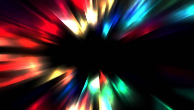 Siyah arkaplanda izole edilmiş dinamik ışık ışınları. Parlayan renkli ışık parçacıklarının grafiksel 2d çizimi.