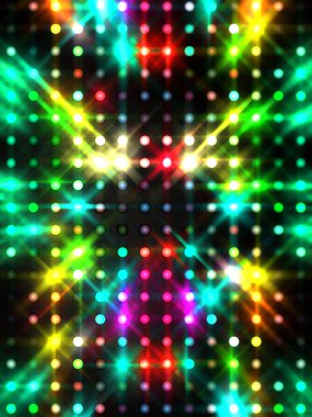 Parlayan ışıklar siyah arka planda parti izleri. Sahne veya stadyum ışıklarının dijital illüstrasyonu. Parlak desenli duvar kağıdı. Sahne ışıkları ile renkli ışıkların ihtişamlı arkaplanı.