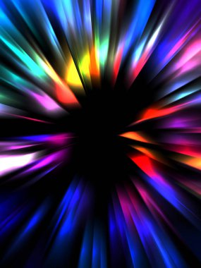 Siyah arkaplanda izole edilmiş dinamik ışık ışınları. Parlayan renkli ışık parçacıklarının grafiksel 2d çizimi.