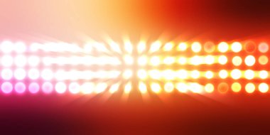 Parlak desenli duvar kağıdı. Sahne ışıkları olan renkli ışıkların ihtişamlı arkaplanı. Parlayan ışıklar siyah arka planda parti izleri. Sahne veya stadyum ışıklarının dijital illüstrasyonu. 