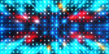 Parlayan ışıklar siyah arka planda parti izleri. Sahne veya stadyum ışıklarının dijital illüstrasyonu. Parlak desenli duvar kağıdı. Sahne ışıkları ile renkli ışıkların ihtişamlı arkaplanı. 