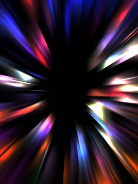 Siyah arkaplanda izole edilmiş dinamik ışık ışınları. Parlayan renkli ışık parçacıklarının grafiksel 2d çizimi.