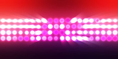 Parlak desenli duvar kağıdı. Sahne ışıkları olan renkli ışıkların ihtişamlı arkaplanı. Parlayan ışıklar siyah arka planda parti izleri. Sahne veya stadyum ışıklarının dijital illüstrasyonu. 