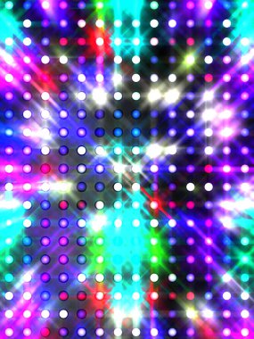 Parlayan ışıklar siyah arka planda parti izleri. Sahne veya stadyum ışıklarının dijital illüstrasyonu. Parlak desenli duvar kağıdı. Sahne ışıkları ile renkli ışıkların ihtişamlı arkaplanı.