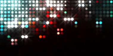 Parlak desenli duvar kağıdı. Sahne ışıkları olan renkli ışıkların ihtişamlı arkaplanı. Parlayan ışıklar siyah arka planda parti izleri. Sahne veya stadyum ışıklarının dijital illüstrasyonu. 