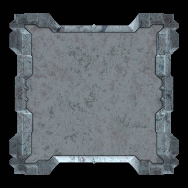 Gelecekçi tasarım şablonu. Metal paslı tabak menüsü. Teknoloji afişi beyaz arkaplanda izole edildi. Bilim kurgu elemanı grafiği. Metalik paslanmış 3 boyutlu illüstrasyon.  