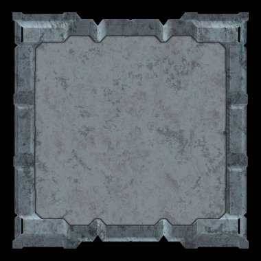 Gelecekçi tasarım şablonu. Metal paslı tabak menüsü. Teknoloji afişi beyaz arkaplanda izole edildi. Bilim kurgu elemanı grafiği. Metalik paslanmış 3 boyutlu illüstrasyon.  