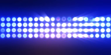 Parlak desenli duvar kağıdı. Sahne ışıkları olan renkli ışıkların ihtişamlı arkaplanı. Parlayan ışıklar siyah arka planda parti izleri. Sahne veya stadyum ışıklarının dijital illüstrasyonu. 