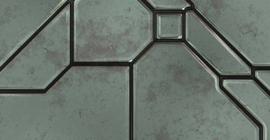 Gelecekçi kavramsal tasarım arka planı. Uzay gemisi desenli duvar kağıdı. Fırçalanmış teknoloji şablonu yüzeyi. Üç boyutlu illüstrasyon. SciFi panelleri duvar.