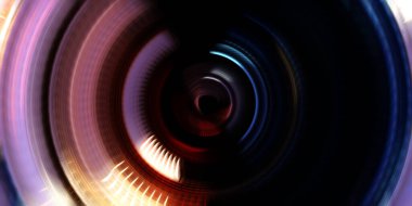 Fotoğraf makinesi konsepti. Soyut arkaplan. Dönen ışık ışınları. Hareketli kavramsal duvar kağıdı. Grafik dijital illüstrasyon. Parlayan neon ışıkları. Parlak sunum tasarım şablonu.