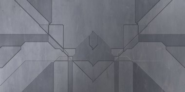 Gelecekçi kavramsal tasarım arka planı. Uzay gemisi desenli duvar kağıdı. Fırçalanmış teknoloji şablonu yüzeyi. Üç boyutlu illüstrasyon. Simetrik SciFi panelleri duvar. 