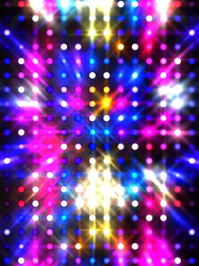 Parlayan ışıklar siyah arka planda parti izleri. Sahne veya stadyum ışıklarının dijital illüstrasyonu. Parlak desenli duvar kağıdı. Sahne ışıkları ile renkli ışıkların ihtişamlı arkaplanı.