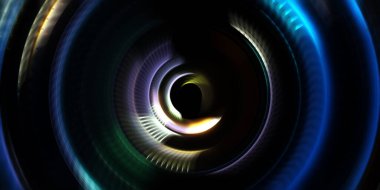 Fotoğraf makinesi konsepti. Soyut arkaplan. Dönen ışık ışınları. Hareketli kavramsal duvar kağıdı. Grafik dijital illüstrasyon. Parlayan neon ışıkları. Parlak sunum tasarım şablonu.