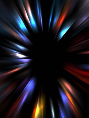 Siyah arkaplanda izole edilmiş dinamik ışık ışınları. Parlayan renkli ışık parçacıklarının grafiksel 2d çizimi.