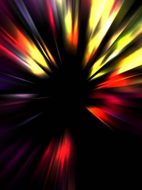 Siyah arkaplanda izole edilmiş dinamik ışık ışınları. Parlayan renkli ışık parçacıklarının grafiksel 2d çizimi.