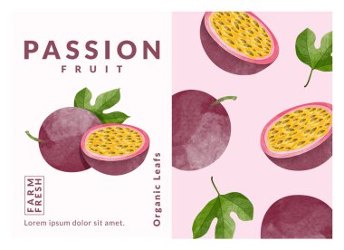 Passion fruit packaging design templates, watercolour style vector illustration.
