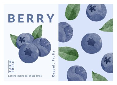 Blue berry packaging design templates, watercolour style vector illustration.