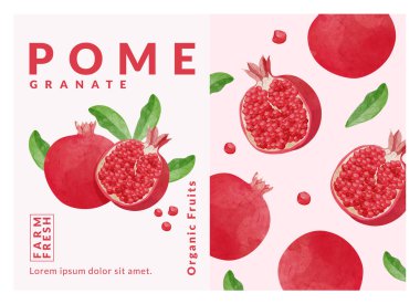 Pomegranate packaging design templates, watercolour style vector illustration.