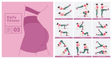Kadın egzersiz seti. Kadınlar spor yapıyor, yoga yapıyor. Akciğerler, şınav, Squats, Dumbbell sıraları, Burpee, Side tahta, Situ ps, Glute Bridge, Leg Raise, Russian Twist, Side Crunch vs.