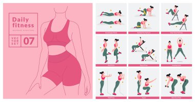Kadın egzersiz seti. Kadınlar spor yapıyor, yoga yapıyor. Akciğerler, şınav, Squats, Dumbbell sıraları, Burpee, Side tahta, Situ ps, Glute Bridge, Leg Raise, Russian Twist, Side Crunch vs.