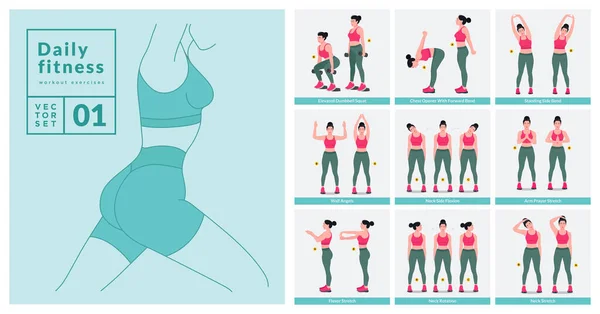 Zestaw Ćwiczeń Kobiet Kobiety Ćwiczą Fitness Jogę Lunges Pompki Przysiady — Wektor stockowy