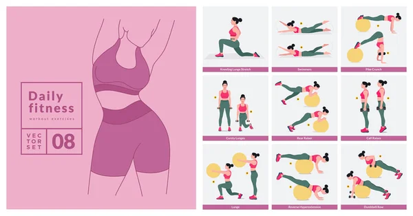 Zestaw Ćwiczeń Kobiet Kobiety Ćwiczą Fitness Jogę Lunges Pompki Przysiady — Wektor stockowy