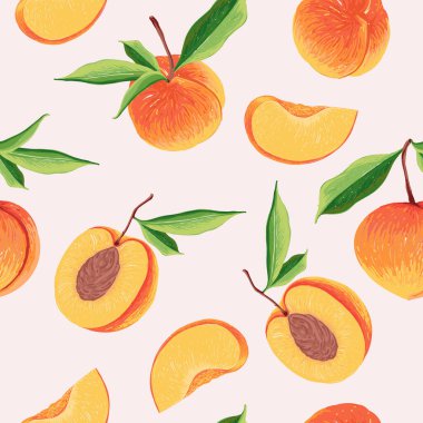 Şeftali aromalı kusursuz desenler. Peach 'in botanik çizimi. Moda el çizimi dokular.