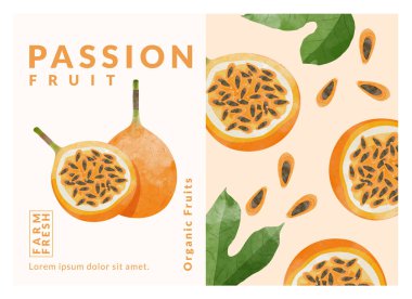 Granadilla or yellow Passion fruit packaging design templates, watercolour style vector illustration.