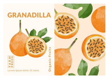 Granadilla or yellow Passion fruit packaging design templates, watercolour style vector illustration.