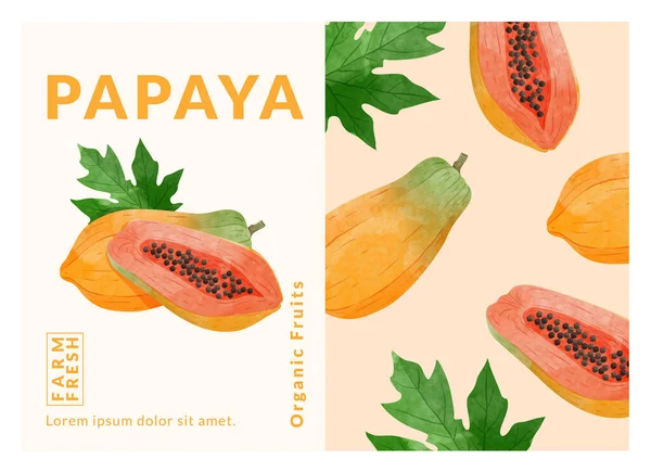 Papaya Packaging Design Templates Watercolour Style Vector Illustration — Stockvektor