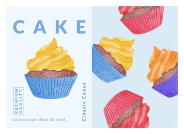 Cup Pastaları ambalaj tasarım şablonları, suluboya biçim vektör çizimi.