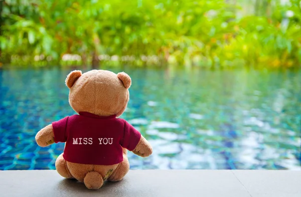 Vista posterior del oso de peluche con camiseta roja con texto "MISS YOU " —  Fotos de Stock